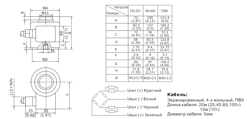 Габариты тензодатчика Zemic DBM14A